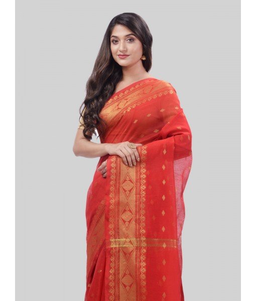 DESH BIDESH Women`s Bengal Cotton Silk Pure Handloom Cotton Saree Kohinoor Work With Blouse Piece(Red)